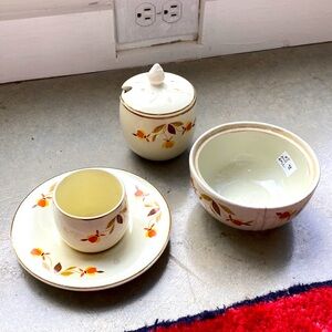 Hall’s superior autumn jewel lot of cup saucer bowl sugar dish. Fall flowers
